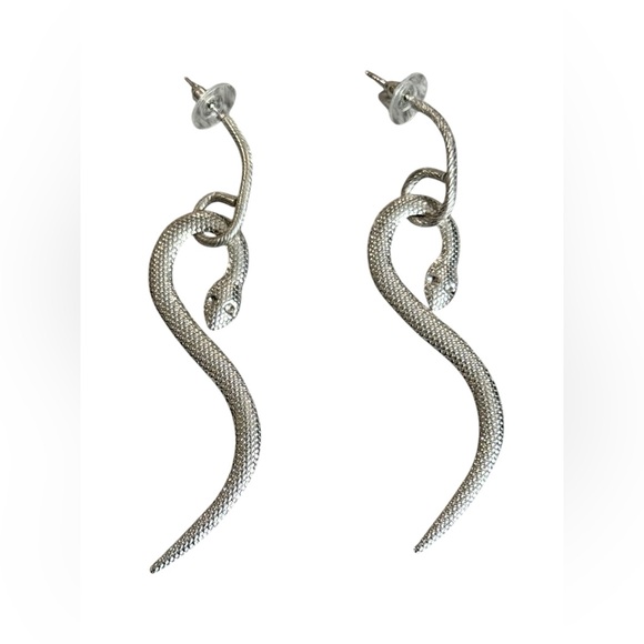 Gorgeous Silver Tone Snake Serpent Dangle Drop Earrings 3.5” Long - Picture 1 of 4